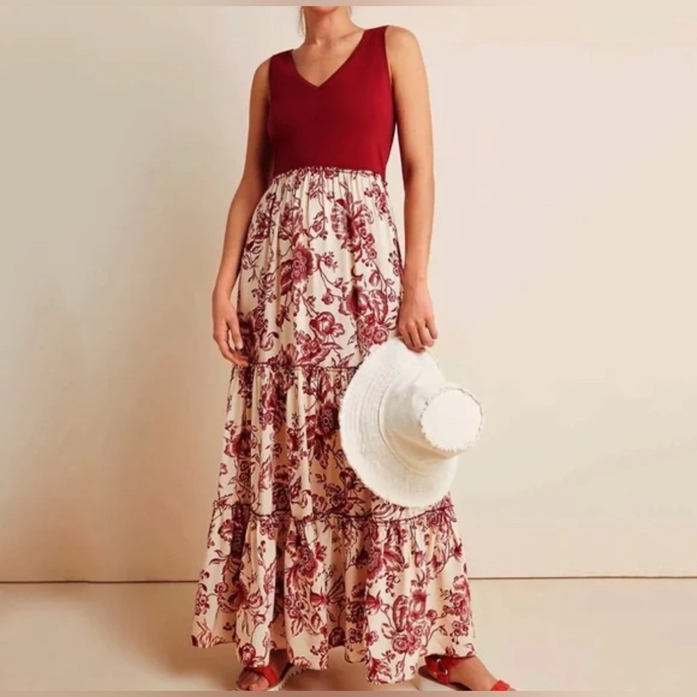 EUC Anthropologie brand Maeve Trudi tiered sleeveless maxi dress red and cream
